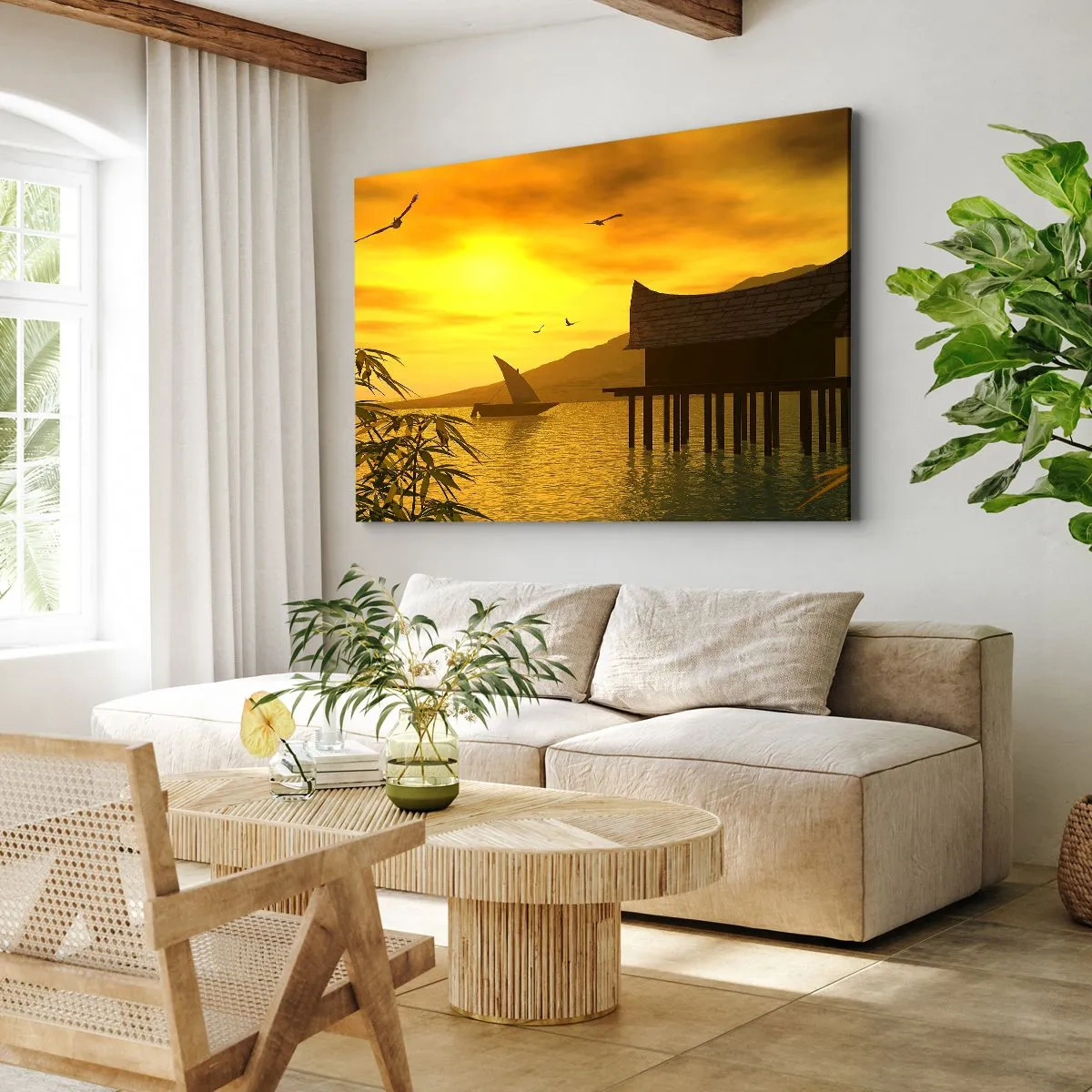 Impression sur toile - Image sur toile - Coucher de soleil tropical sur l'eau avec une maison en bois sur pilotis. - 120x80cm - La paix tant désirée - Décoration murale moderne pour le salon et la chambre ARTTOR