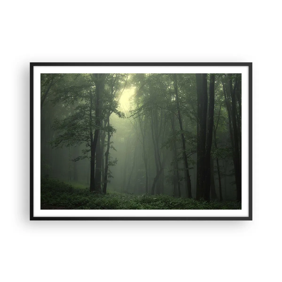 Affiche dans un cadre noir - Poster - Une forêt verte le matin enveloppée d'un brouillard délicat - 100x70cm - Avant qu'il ne se réveille - Décoration murale moderne pour le salon et la chambre ARTTOR