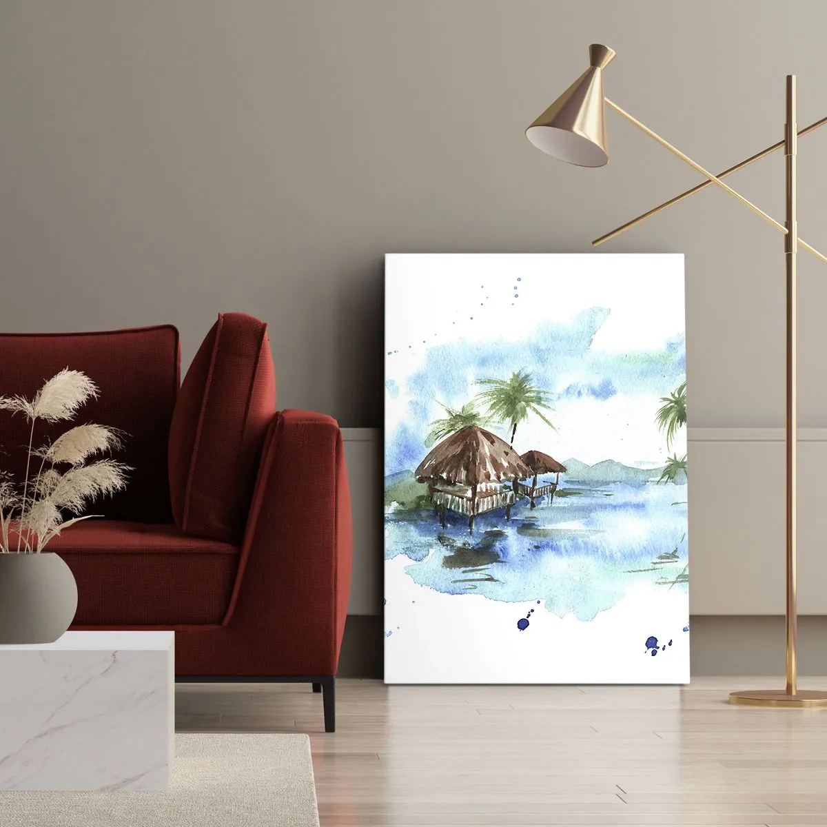 Impression sur toile - Image sur toile - Aquarelle représentant un paysage tropical avec des maisons et des palmiers - 50x70cm - Quelque part dans le Pacifique - Décoration murale moderne pour le salon et la chambre ARTTOR