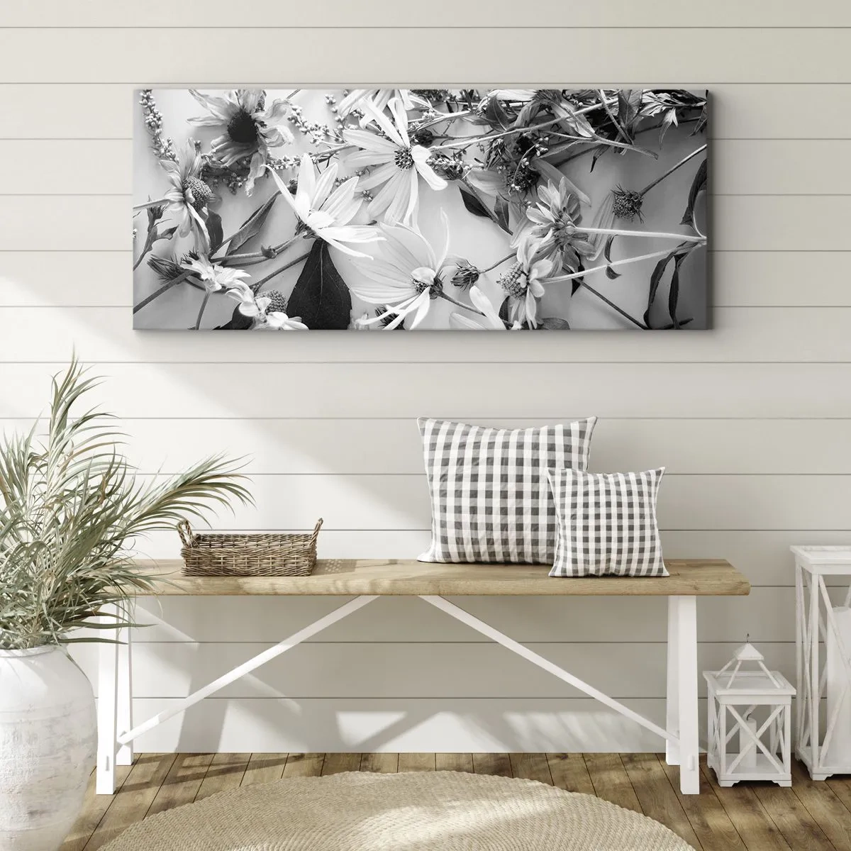 Impression sur toile - Image sur toile - Compositions florales en noir et blanc dans un style artistique subtil - 140x50cm - Non-un bouquet de fleurs - Décoration murale moderne pour le salon et la chambre ARTTOR