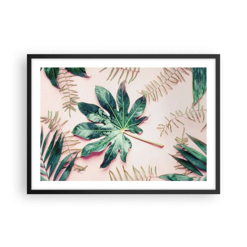 Affiche dans un cadre noir - Poster - Feuilles tropicales sur fond pastel clair - 70x50cm - Étude de verdure sur fond rose - Décoration murale moderne pour le salon et la chambre ARTTOR
