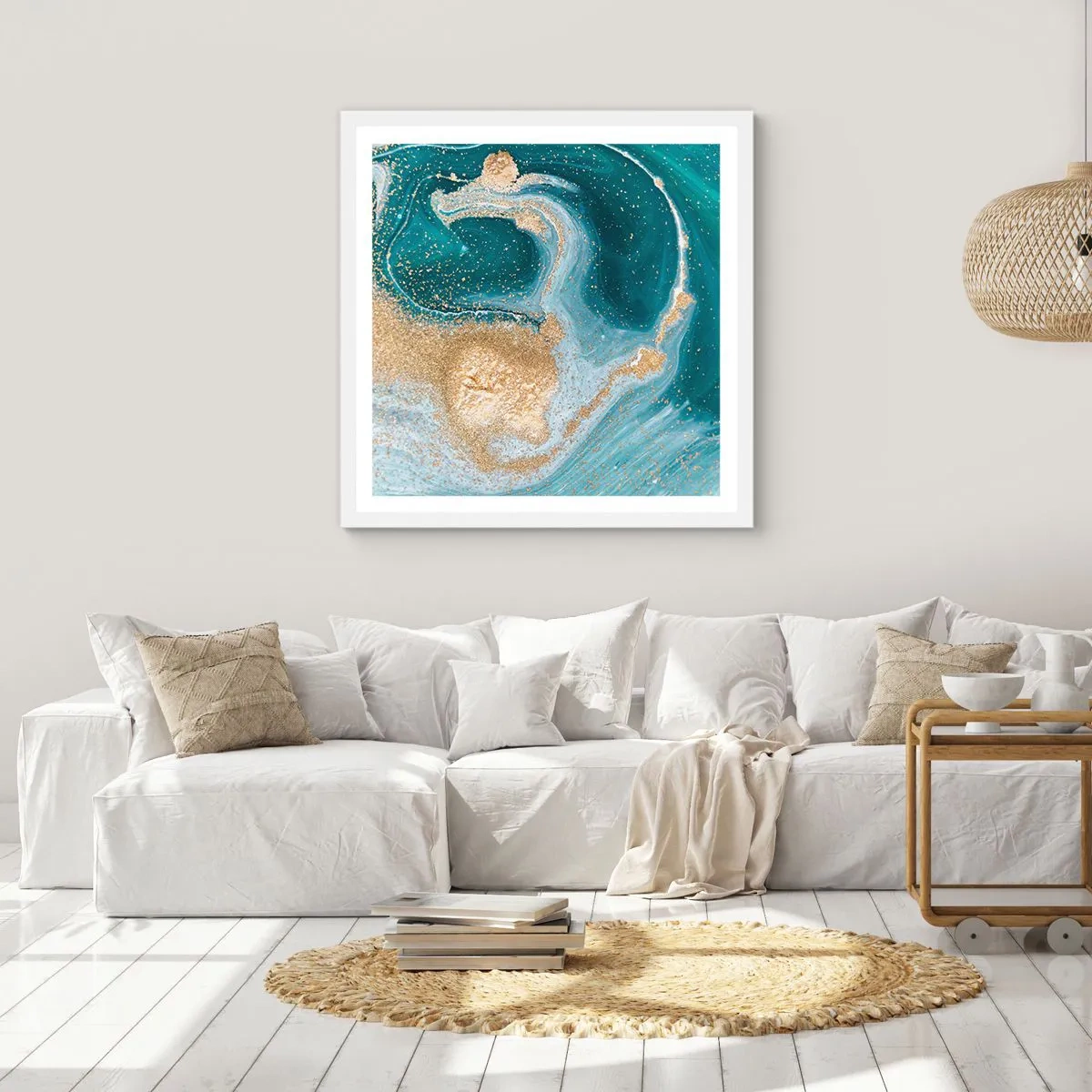 Affiche dans un cadre blanc - Poster - Tourbillon d'or et de turquoise - 40x40 cm
