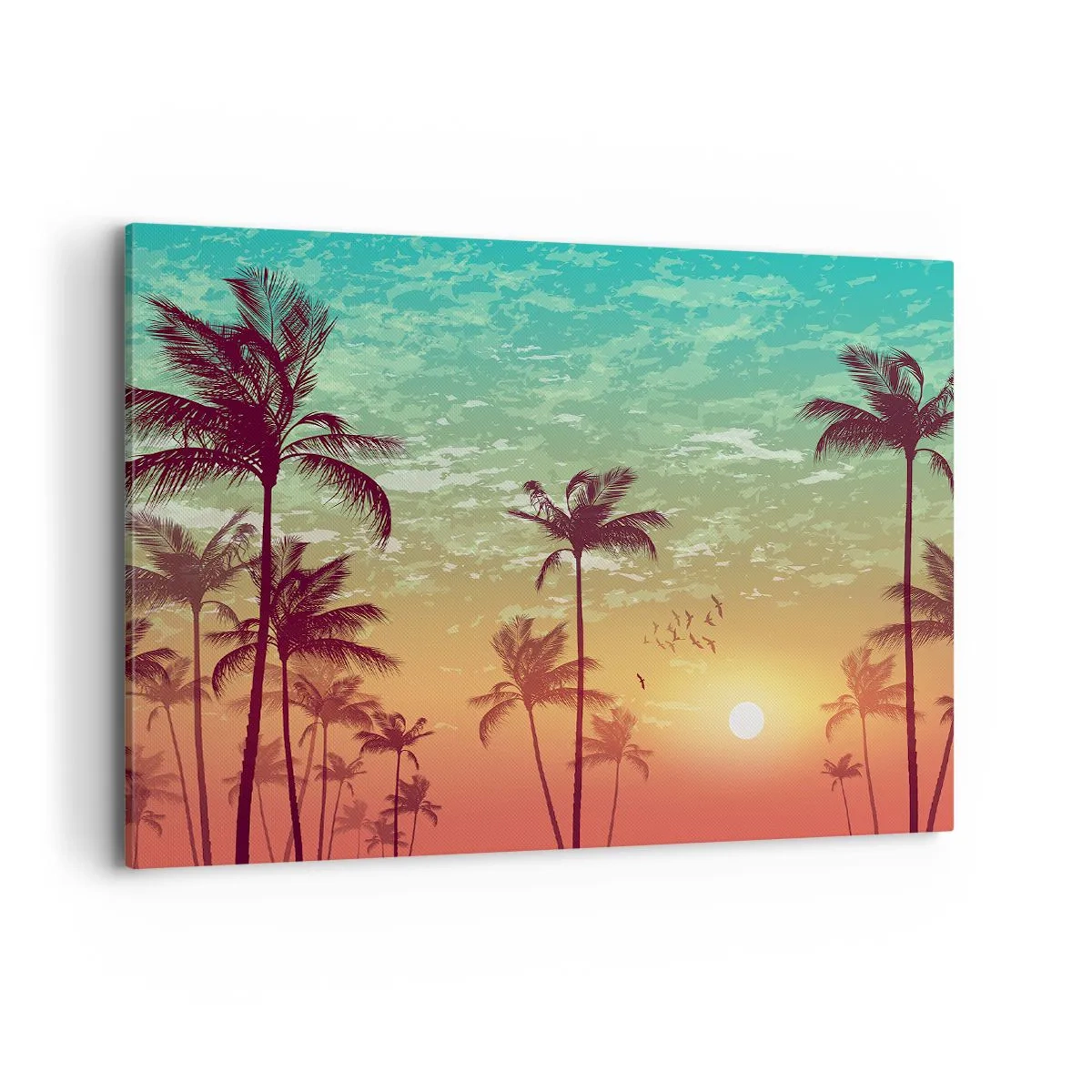 Impression sur toile - Image sur toile - Coucher de soleil avec des palmiers sur un ciel coloré - 100x70cm - Ambiance tropicale - Décoration murale moderne pour le salon et la chambre ARTTOR