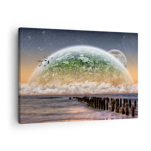 Impression sur toile - Image sur toile - Un paysage fantastique avec une grande planète au-dessus de la mer et une jetée en bois. - 70x50cm - Et le monde est sorti de l'eau - Décoration murale moderne pour le salon et la chambre ARTTOR