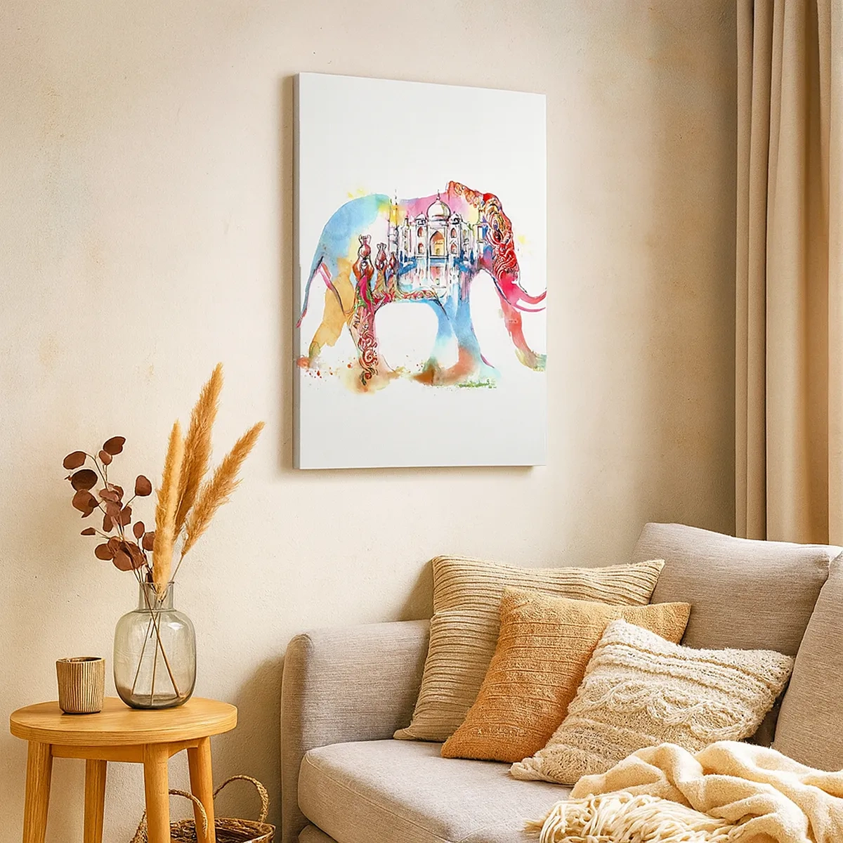 Impression sur toile - Image sur toile - Aquarelle colorée d'un éléphant avec un motif du Taj Mahal - 50x70cm - Inde - l'aura de l'amour - Décoration murale moderne pour le salon et la chambre ARTTOR