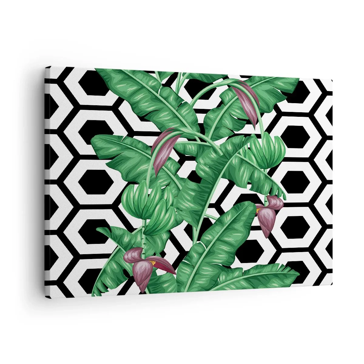 Impression sur toile - Image sur toile - Feuilles tropicales sur fond géométrique - 70x50cm - Une composition symétrique par nature - Décoration murale moderne pour le salon et la chambre ARTTOR