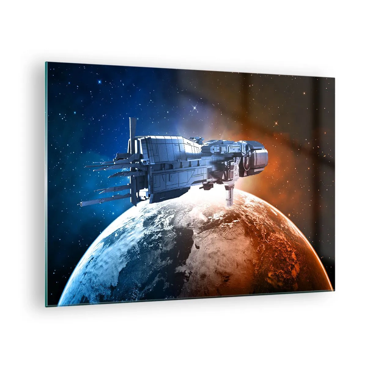 Impression sur verre - Image sur verre - Un vaisseau spatial en orbite autour d'une planète à la lumière des étoiles - 70x50cm - Un observateur attentif - Décoration murale moderne pour le salon et la chambre ARTTOR