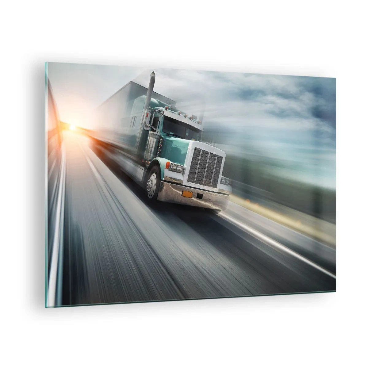 Impression sur verre - Image sur verre - Camion sur l'autoroute au coucher du soleil - 70x50cm - Le géant américain est en fuite - Décoration murale moderne pour le salon et la chambre ARTTOR