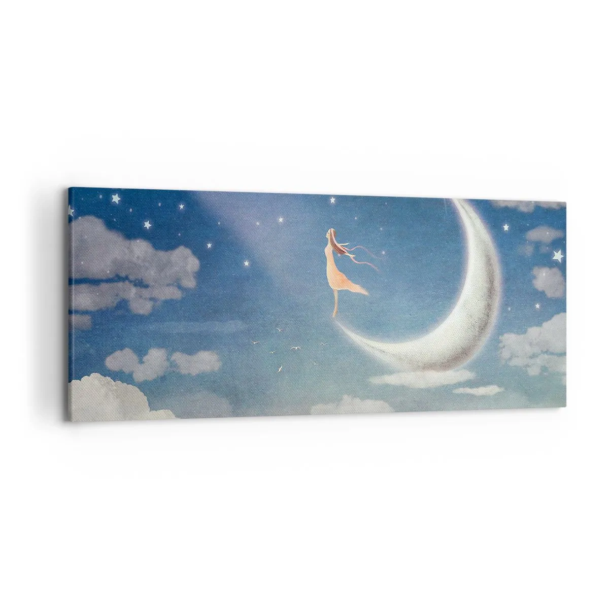 Impression sur toile - Image sur toile - Une femme dans la lune entourée d'étoiles et de nuages - 120x50cm - Valise bleue - Décoration murale moderne pour le salon et la chambre ARTTOR
