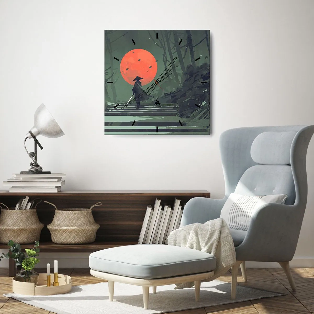 Horloge murale - Pendule murale - Un guerrier solitaire avec une épée sur fond de lune rouge dans une forêt sombre. - 30x30cm - Guerrier de la lune rouge - Décoration murale moderne pour le salon et la chambre ARTTOR