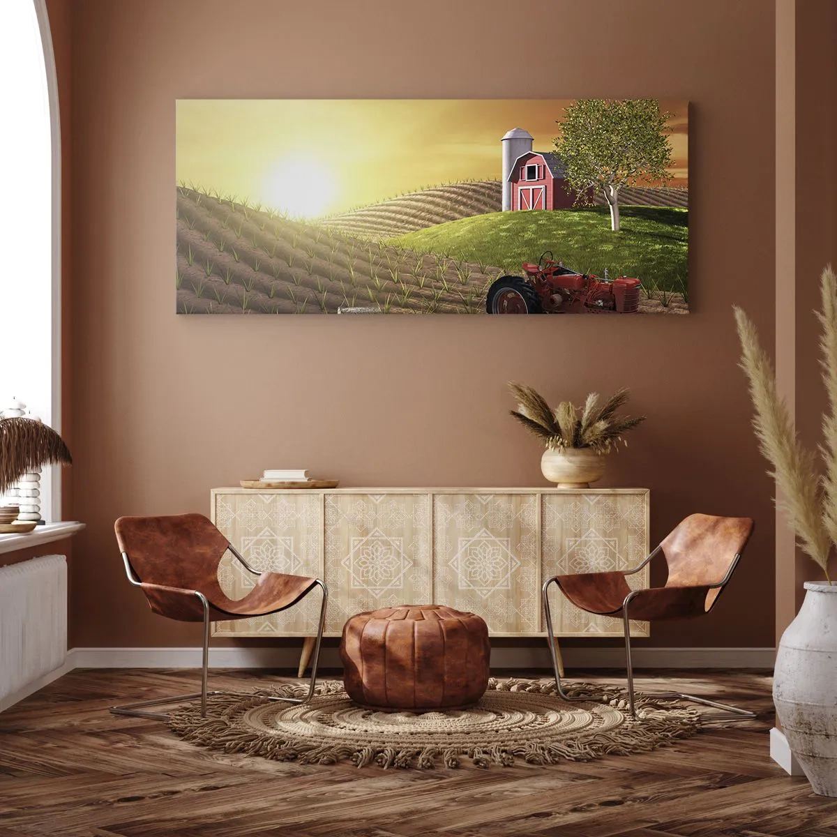 Impression sur toile - Image sur toile - Paysage rural avec une grange rouge, un tracteur et un lever de soleil - 120x50cm - Une ferme comme dans un conte de fées - Décoration murale moderne pour le salon et la chambre ARTTOR