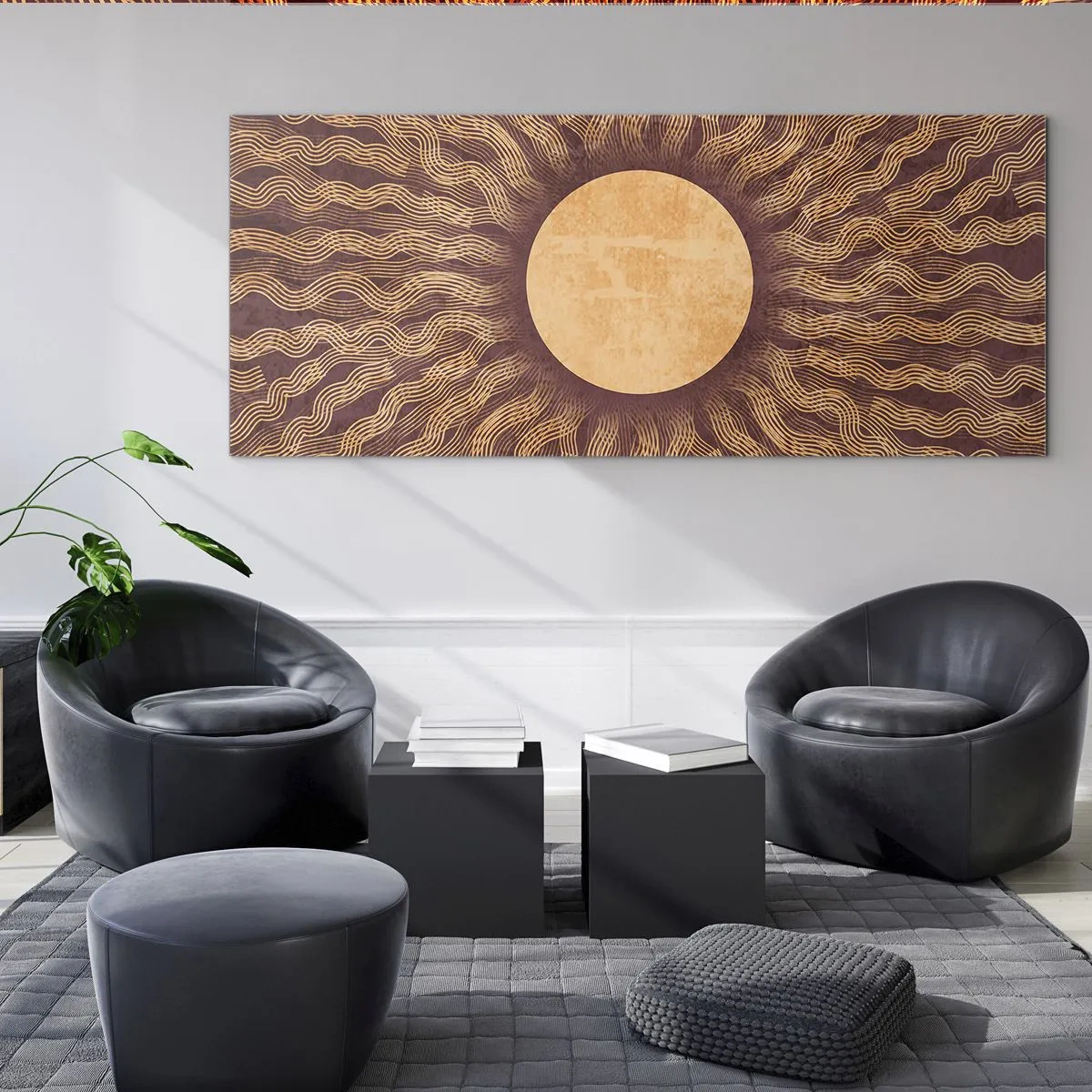 Impression sur verre - Image sur verre - Motif ensoleillé avec des rayons sur un fond dans les tons marron - 160x50cm - Icône du soleil - Décoration murale moderne pour le salon et la chambre ARTTOR