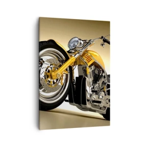 Impression sur toile - Image sur toile - Une moto jaune de style chopper contre un mur beige - 50x70cm - Un rêve de force et de vitesse - Décoration murale moderne pour le salon et la chambre ARTTOR
