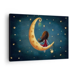 Impression sur toile - Image sur toile - Une fille sur la lune entourée d'étoiles - 70x50cm - Il était une fois... - Décoration murale moderne pour le salon et la chambre ARTTOR