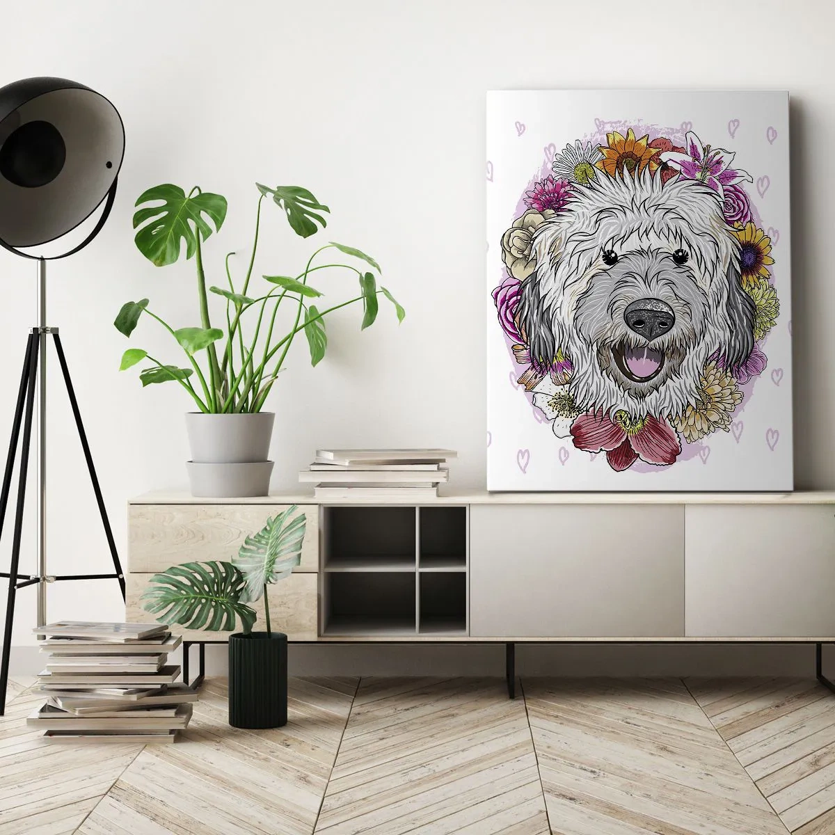 Impression sur toile - Image sur toile - Un chien entouré de fleurs colorées - 50x70cm - La joie du chiot - Décoration murale moderne pour le salon et la chambre ARTTOR