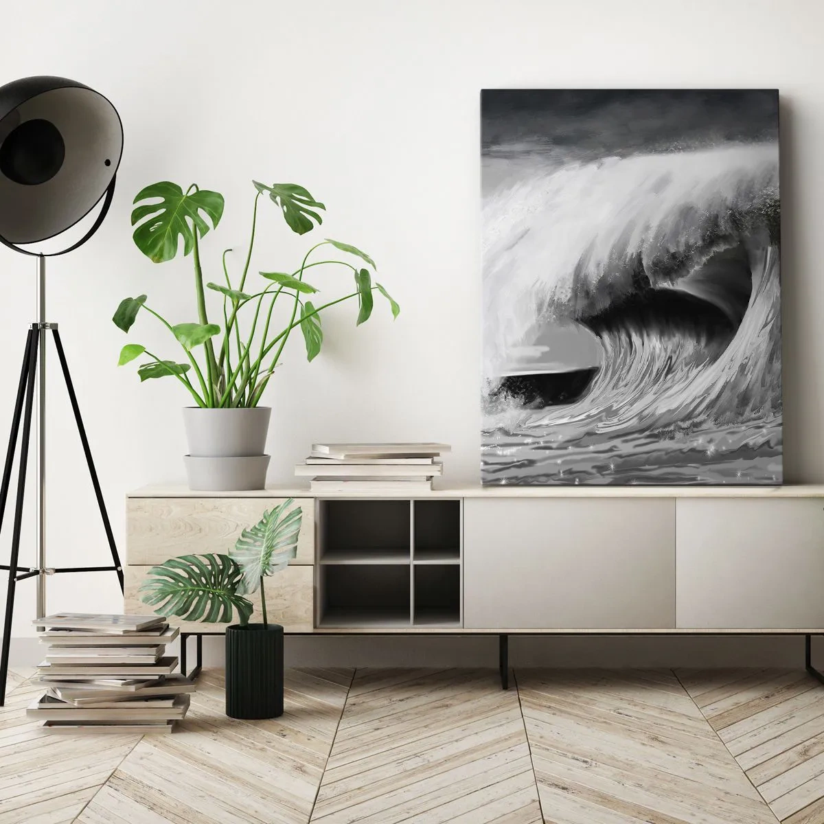 Impression sur toile - Image sur toile - Vague océanique spectaculaire en monochrome - 50x70cm - La colère de l'océan - Décoration murale moderne pour le salon et la chambre ARTTOR