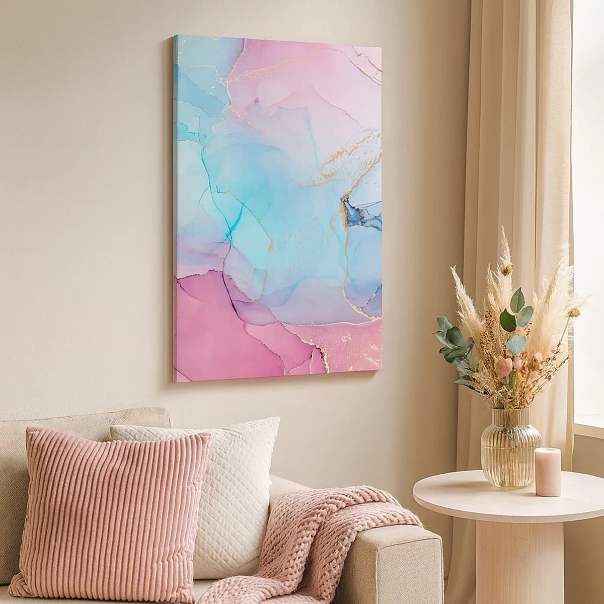 Impression sur toile - Image sur toile - Motifs pastel abstraits avec des accents dorés - 50x70cm - Rencontre et mélange - Décoration murale moderne pour le salon et la chambre ARTTOR