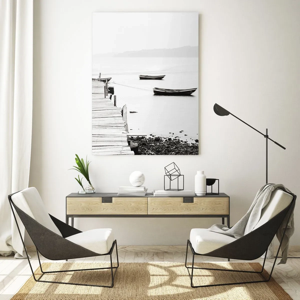 Impression sur verre - Image sur verre - Jetée en bois et bateaux sur une eau calme - 70x100cm - Calme et propre au bord de l'eau - Décoration murale moderne pour le salon et la chambre ARTTOR