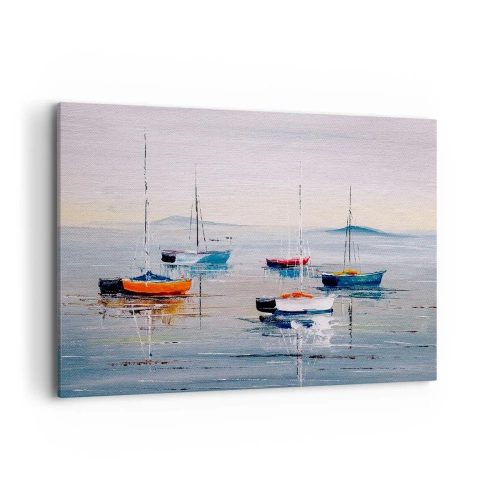 Impression sur toile - Image sur toile - Bateaux colorés sur une eau calme - 100x70cm - Un repos bien mérité - Décoration murale moderne pour le salon et la chambre ARTTOR