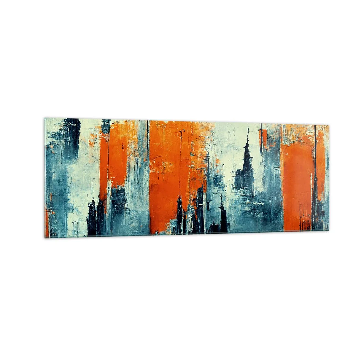 Impression sur verre - Image sur verre - Paysage urbain abstrait dans des tons orange et bleu - 140x50cm - Paysage moderne - Décoration murale moderne pour le salon et la chambre ARTTOR