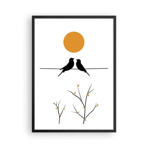 Affiche dans un cadre noir - Poster - Deux oiseaux sur une branche avec un soleil orange en arrière-plan - 50x70cm - Soirée pour rossignols - Décoration murale moderne pour le salon et la chambre ARTTOR