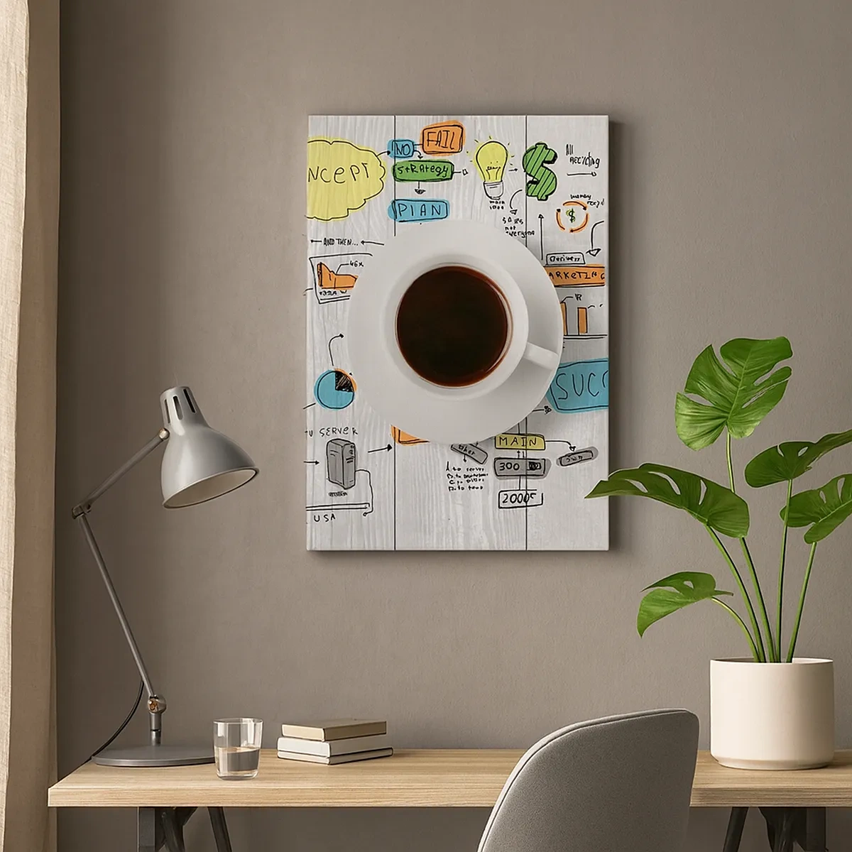 Impression sur toile - Image sur toile - Une tasse de café sur fond de dessin conceptuel - 50x70cm - Il est temps de faire une pause - Décoration murale moderne pour le salon et la chambre ARTTOR