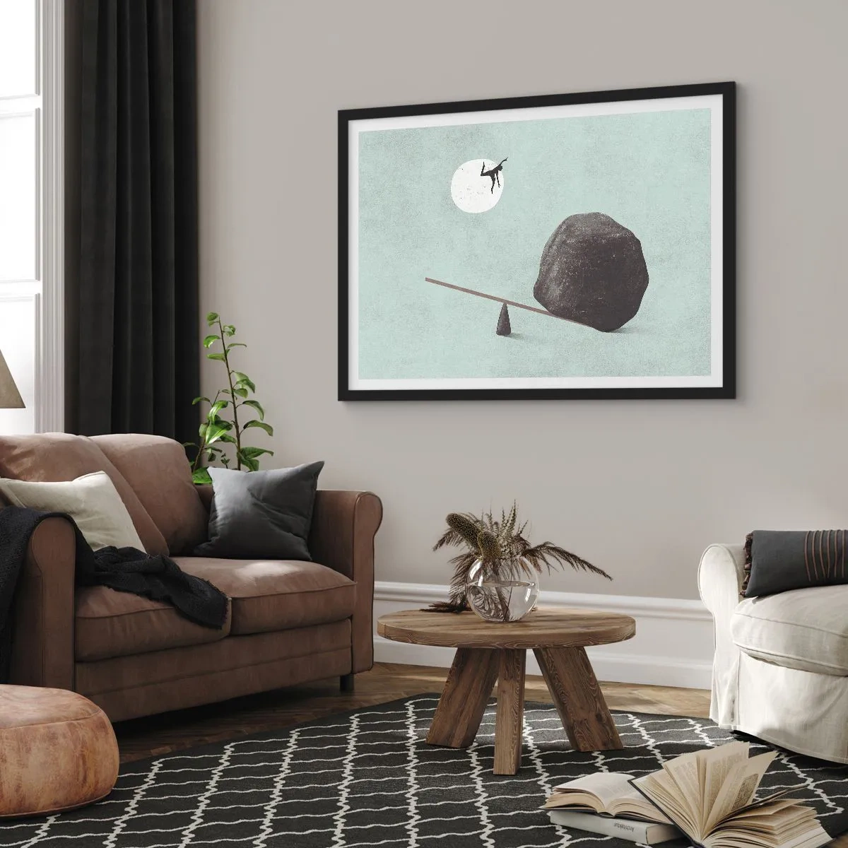 Affiche dans un cadre noir - Poster - Une scène symbolique avec une figure et un équilibre sur un ciel lumineux. - 100x70cm - Réalisation de ses rêves - Décoration murale moderne pour le salon et la chambre ARTTOR