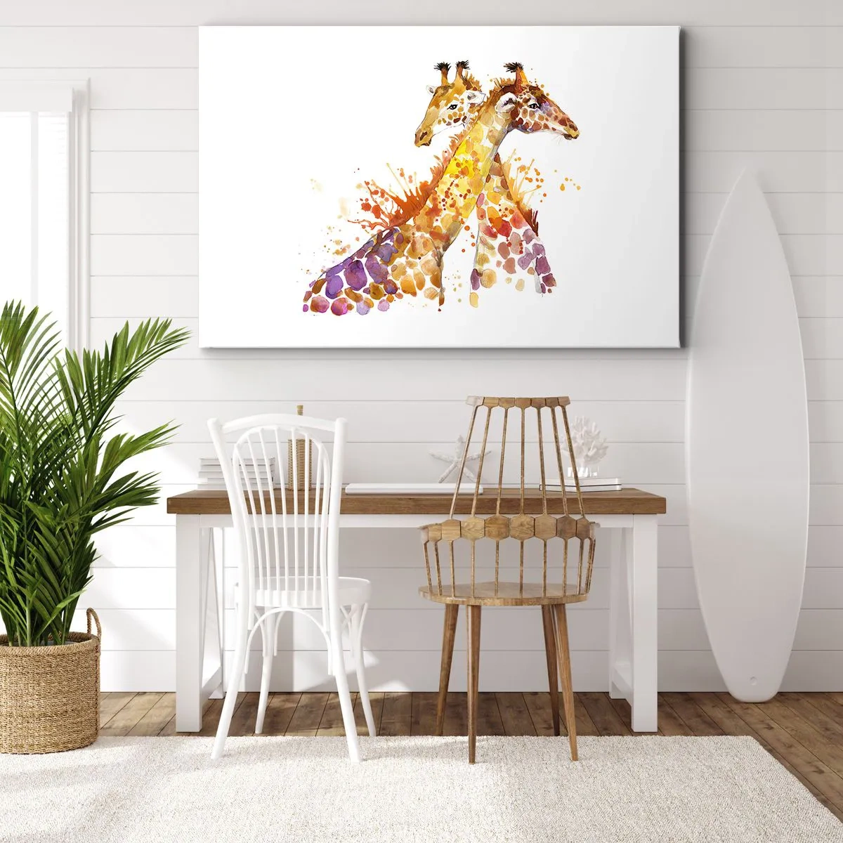 Impression sur toile - Image sur toile - Girafes à l'aquarelle aux tons colorés - 70x50cm - Est-ce de l'amitié ou de l'amour? - Décoration murale moderne pour le salon et la chambre ARTTOR