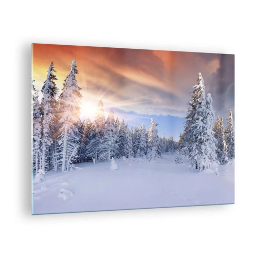 Impression sur verre - Image sur verre - Paysage d'hiver avec des arbres enneigés au coucher du soleil - 70x50cm - Un spectacle enneigé de la nature - Décoration murale moderne pour le salon et la chambre ARTTOR