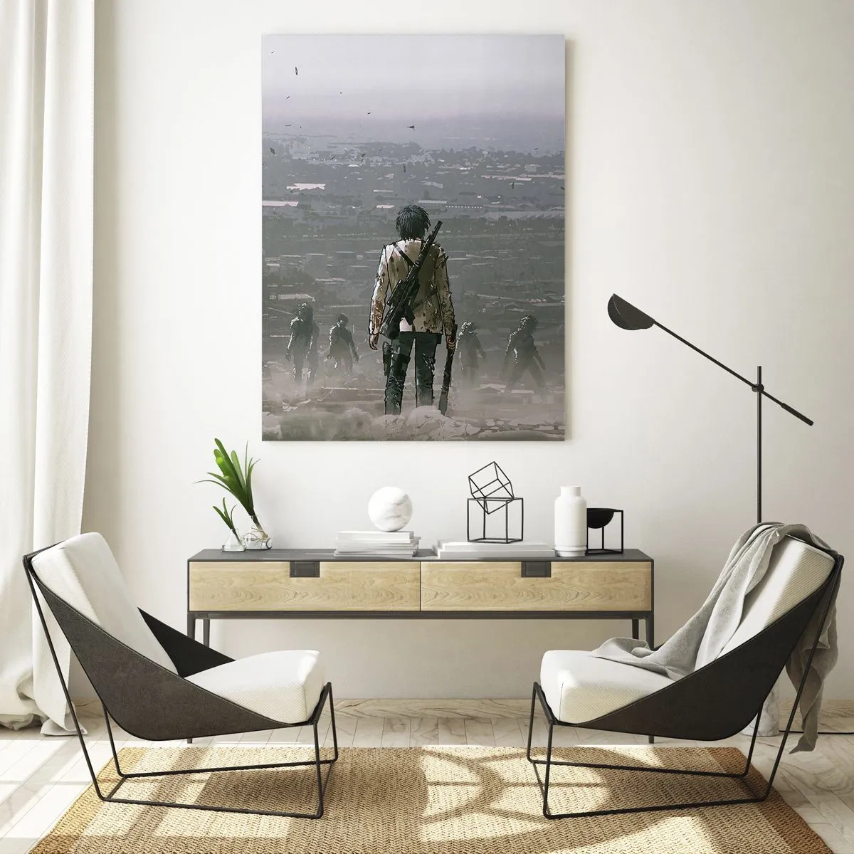 Impression sur verre - Image sur verre - Une silhouette avec une arme se tient devant un groupe dans un paysage dystopique. - 70x100cm - Dernier samaritain ? - Décoration murale moderne pour le salon et la chambre ARTTOR