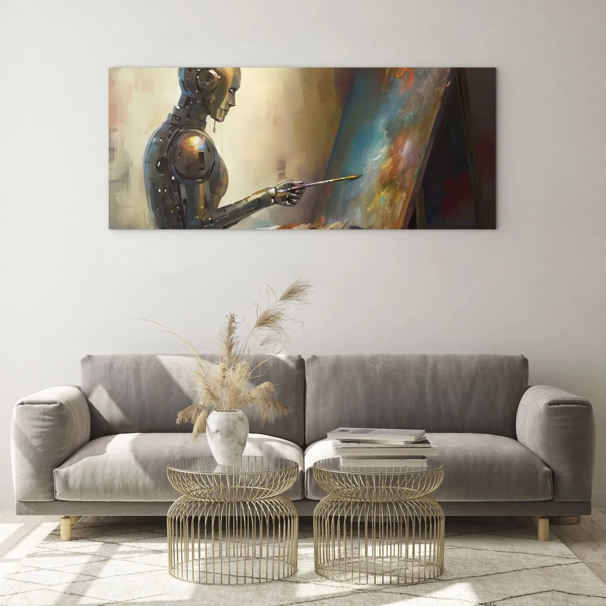 Impression sur verre - Image sur verre - Un robot peignant sur une toile dans un style artistique - 160x50cm - L'art du futur - Décoration murale moderne pour le salon et la chambre ARTTOR