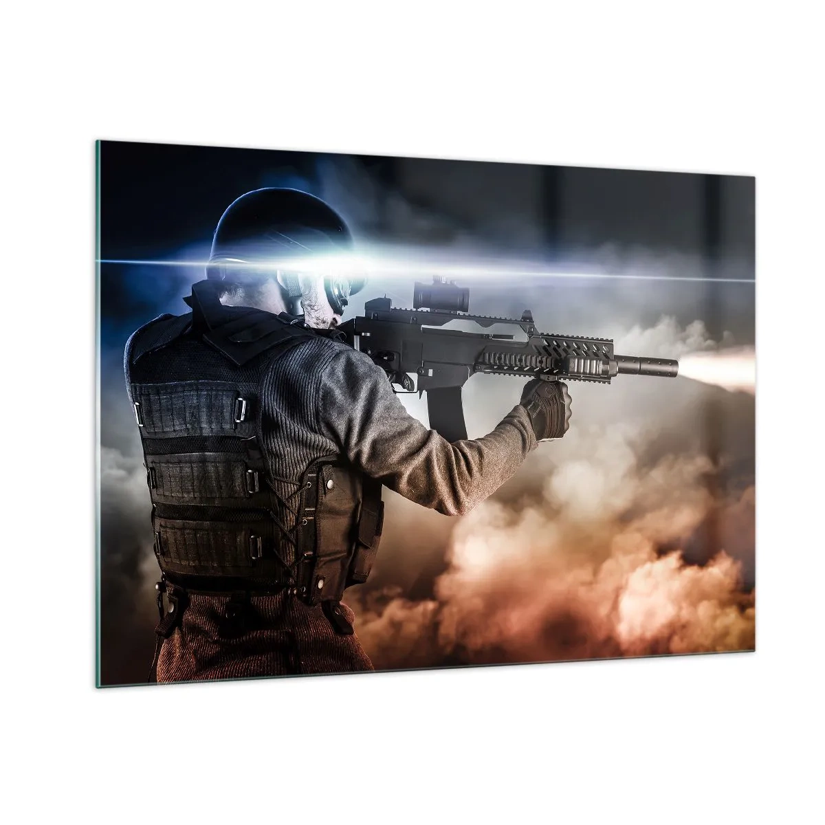 Impression sur verre - Image sur verre - Un soldat en action tirant avec un fusil sur fond de fumée. - 100x70cm - Tout simplement un héros - Décoration murale moderne pour le salon et la chambre ARTTOR