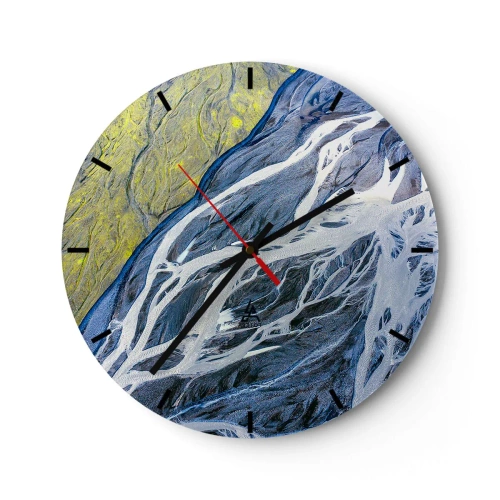 Horloge murale - Pendule murale - Photographie aérienne abstraite des rivières et des sédiments - 30x30cm - Peintures rupestres de la nature - Décoration murale moderne pour le salon, la cuisine et la chambre ARTTOR