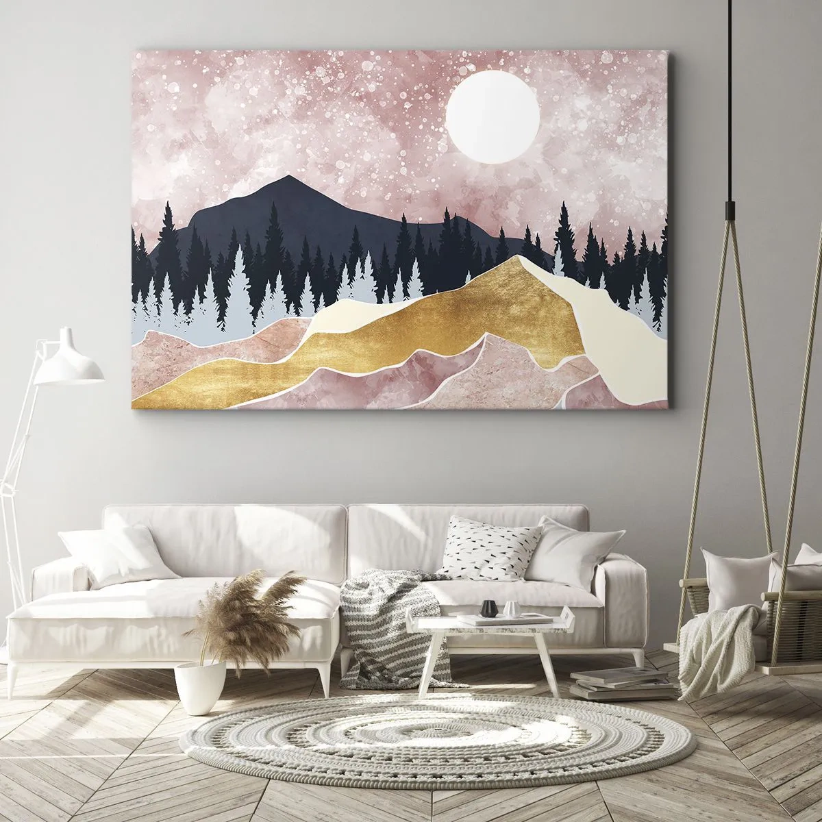 Impression sur toile - Image sur toile - Montagnes colorées contre un ciel rose avec une lune - 100x70cm - Gardien de la nuit - Décoration murale moderne pour le salon et la chambre ARTTOR