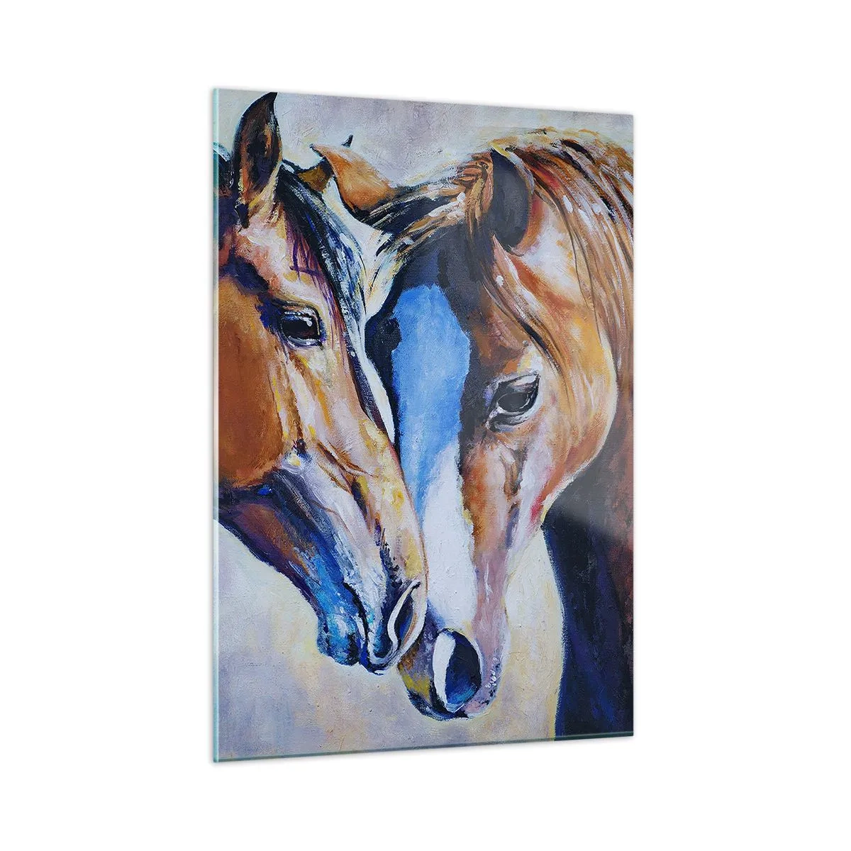 Impression sur verre - Image sur verre - Deux chevaux dans un geste tendre de proximité - 50x70cm - Est-ce de l'amitié ? Ou de l'amour ? - Décoration murale moderne pour le salon et la chambre ARTTOR