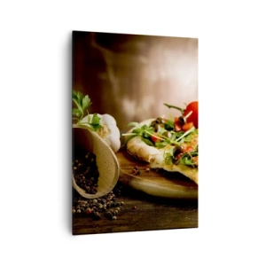 Impression sur toile - Image sur toile - Pizza aux légumes sur une planche en bois dans un style rustique - 70x100cm - Directement du four et du jardin - Décoration murale moderne pour le salon et la chambre ARTTOR