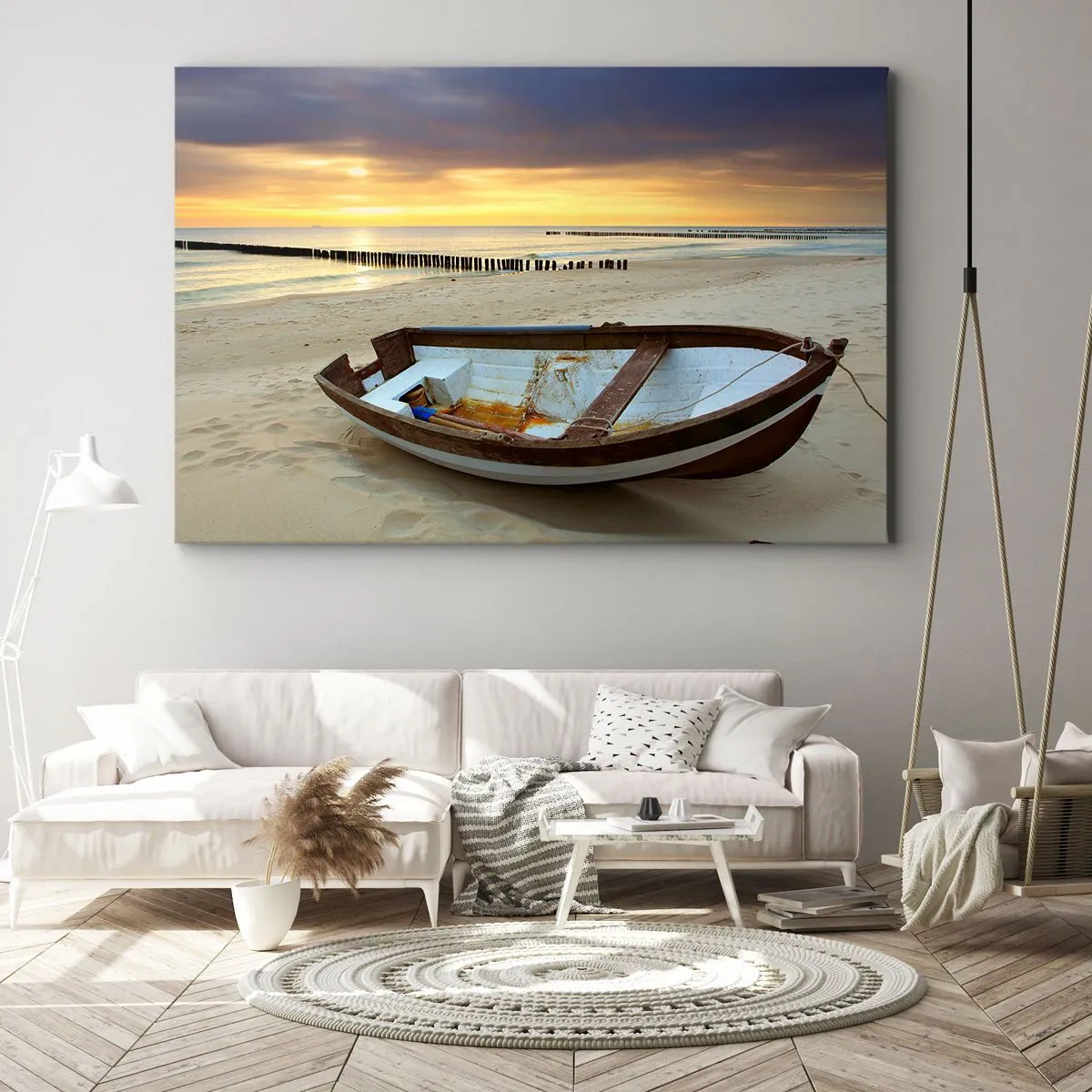 Impression sur toile - Image sur toile - Un bateau sur une plage de sable au coucher du soleil - 100x70cm - Il n'y a pas de plus belles plages - Décoration murale moderne pour le salon et la chambre ARTTOR