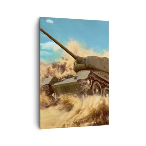 Impression sur toile - Image sur toile - Un char en action dans le désert, entouré de poussière de sable. - 70x100cm - Insurmontable - Décoration murale moderne pour le salon et la chambre ARTTOR
