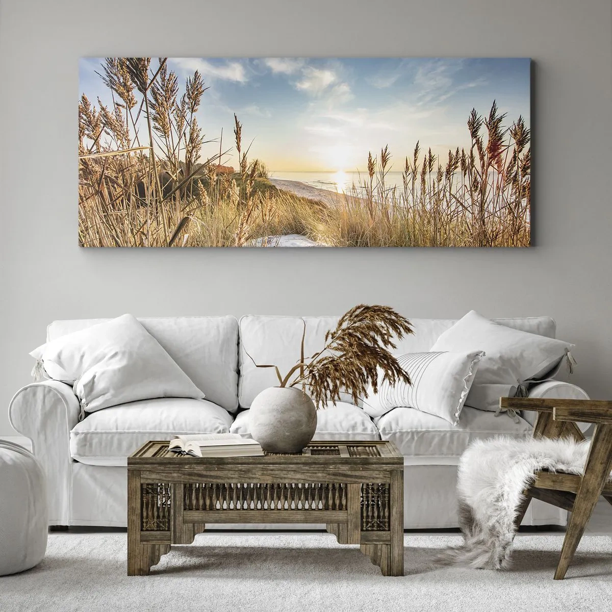 Impression sur toile - Image sur toile - Une plage pittoresque avec de l'herbe et le soleil couchant - 120x50cm - Plage du nord - Décoration murale moderne pour le salon et la chambre ARTTOR