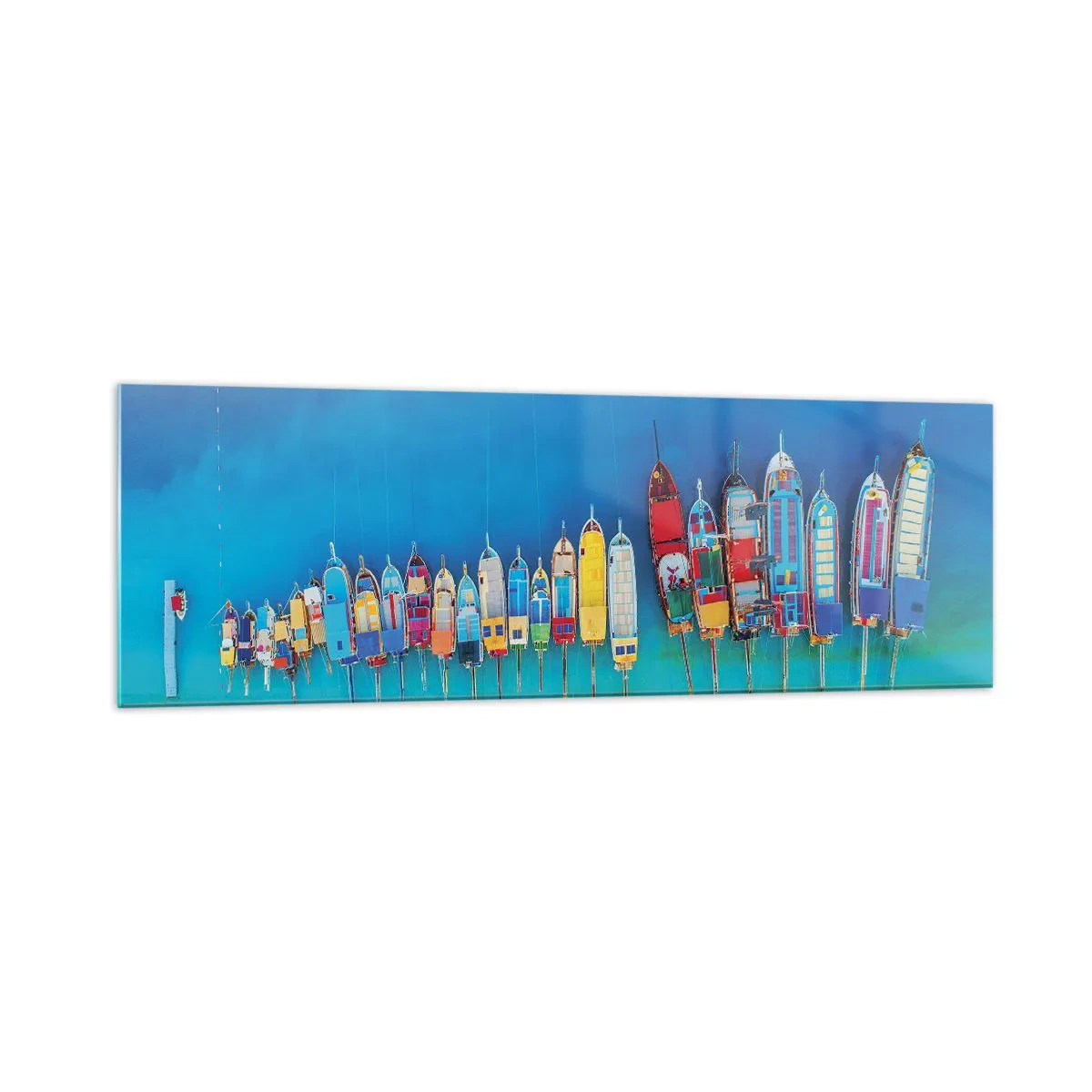 Impression sur verre - Image sur verre - Des bateaux colorés alignés en rangée sur le rivage - 160x50cm - Une vue à vol d'oiseau - Décoration murale moderne pour le salon et la chambre ARTTOR