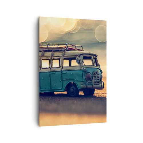 Impression sur toile - Image sur toile - Bus rétro contre une lumière floue - 70x100cm - La fin des idoles : argent et travail - Décoration murale moderne pour le salon et la chambre ARTTOR