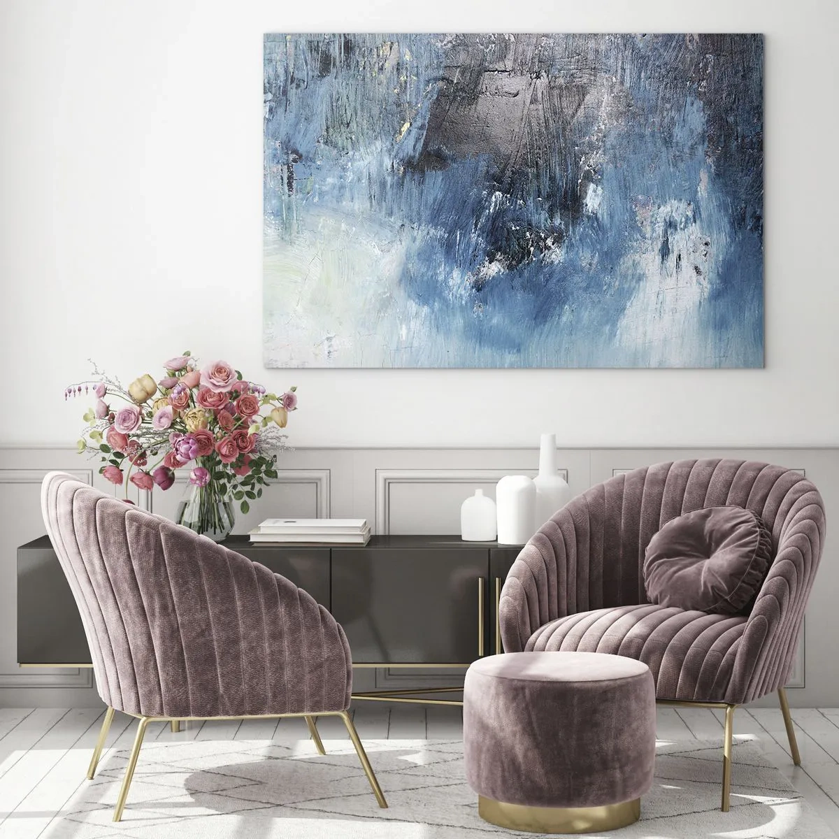 Impression sur verre - Image sur verre - Composition abstraite dans les tons de bleu - 120x80cm - Rhapsodie en bleu - Décoration murale moderne pour le salon et la chambre ARTTOR