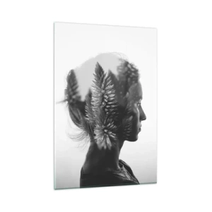 Impression sur verre - Image sur verre - Un portrait subtil avec des éléments de la nature - 80x120cm - Dame de la pinède - Décoration murale moderne pour le salon et la chambre ARTTOR