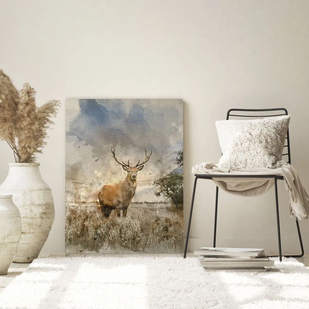 Impression sur verre - Image sur verre - Un cerf dans un cadre naturel dans un style aquarelle - 80x120cm - Dignité - force - majesté - Décoration murale moderne pour le salon et la chambre ARTTOR