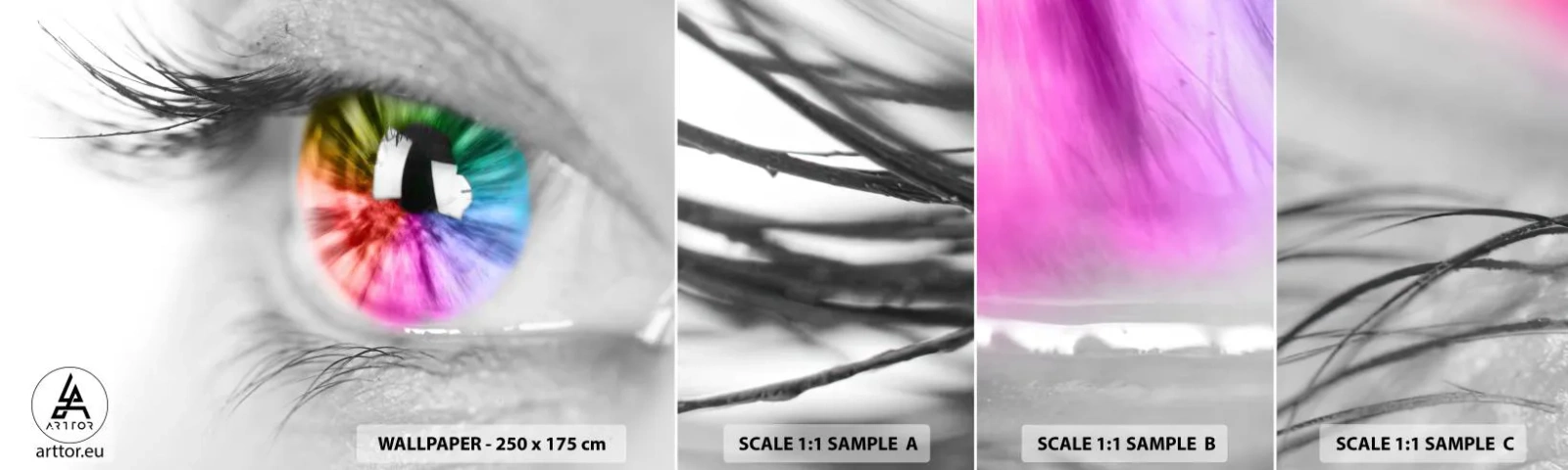 Échantillon de Papier Peint Autocollant Deluxe Sticker - Regarde le monde en couleur - Abstraction, Oeil coloré, 3D - 100x30 cm