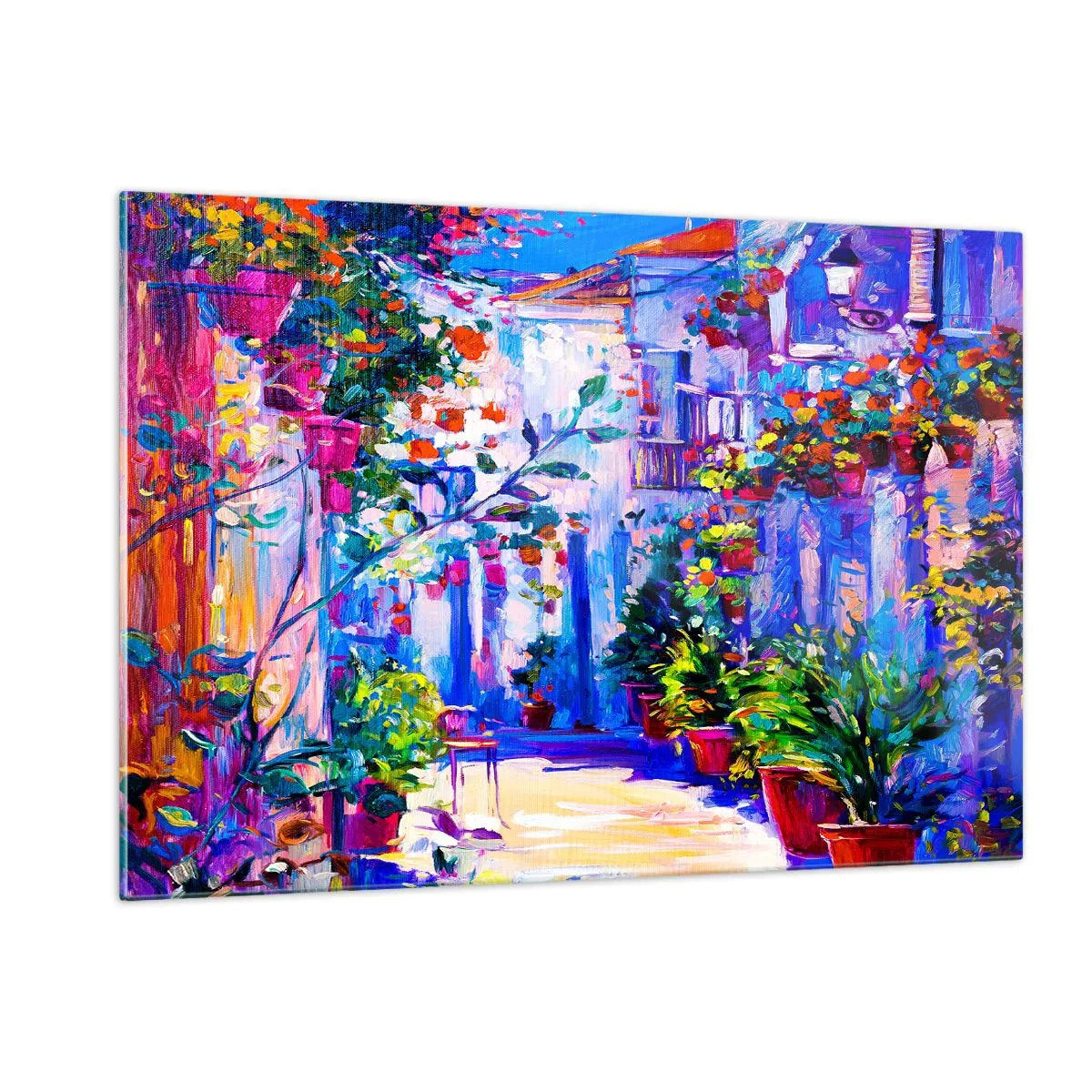 Impression sur verre - Image sur verre - Une rue colorée avec des plantes fleuries et de la lumière - 120x80cm - Impression - une rue italienne - Décoration murale moderne pour le salon et la chambre ARTTOR