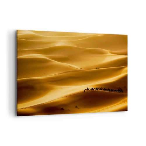 Impression sur toile - Image sur toile - Une caravane de chameaux errant à travers les dunes dorées du désert. - 100x70cm - Caravane sur les vagues du désert - Décoration murale moderne pour le salon et la chambre ARTTOR