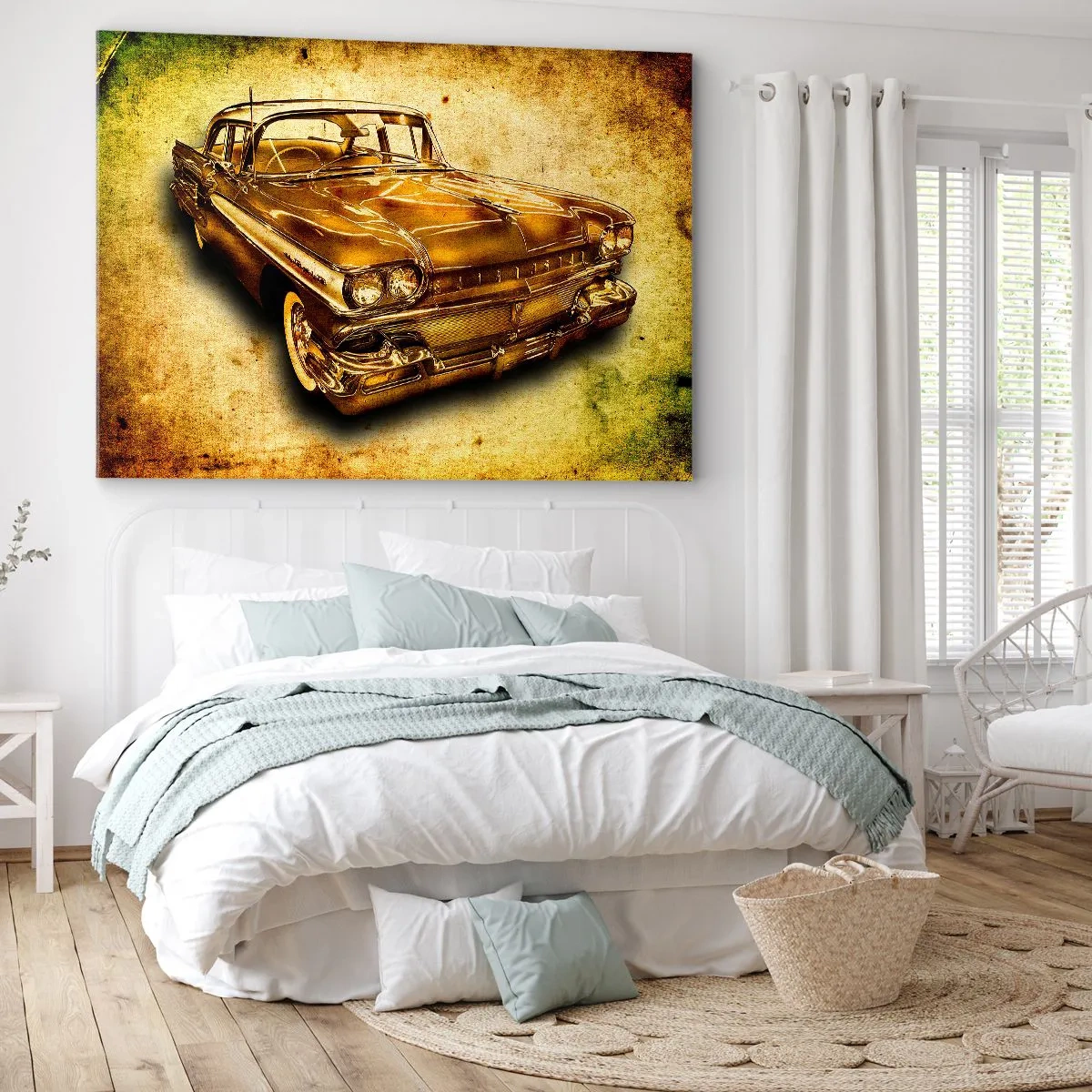 Impression sur toile - Image sur toile - Une voiture rétro classique dorée sur un fond vintage avec un effet vieilli. - 120x80cm - La beauté éternelle des classiques - Décoration murale moderne pour le salon et la chambre ARTTOR