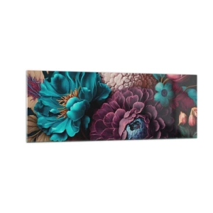 Impression sur verre - Image sur verre - Un bouquet de fleurs aux couleurs intenses sur fond sombre - 140x50cm - La nature en abondance - Décoration murale moderne pour le salon et la chambre ARTTOR