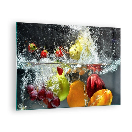 Impression sur verre - Image sur verre - Fruits immergés dans l'eau avec des éclaboussures dynamiques - 70x50cm - Rafraîchissement fruité - Décoration murale moderne pour le salon et la chambre ARTTOR